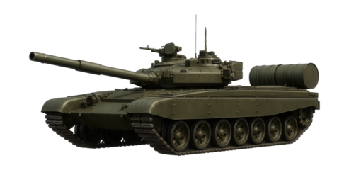 Main battle tank featuring an extended chassis and rear-mounted fuel drums.