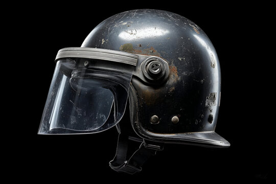 A close-up of a worn police helmet with a protective visor against a black background, symbolizing safety and law enforcement.