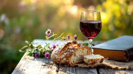 Rustic Still Life: Wine, Bread, and Book on a Wooden Table with Natural Bokeh Background