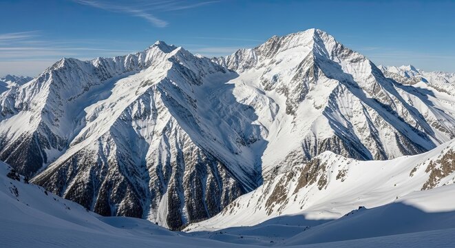 Stunning snowy peaks under a clear blue sky create a sense of adventure and inspire wanderlust, perfect for travel blogs, outdoor ads, and winter holiday campaigns