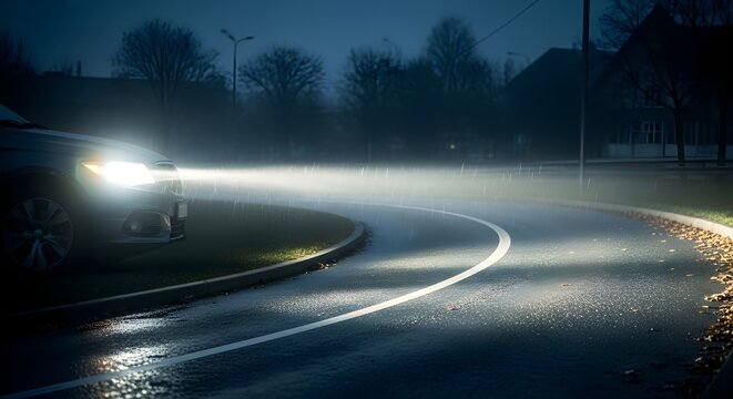 Bright car headlights illuminating a dark, wet road at night, creating atmospheric reflections after rain, emphasizing safe travel and urban mobility