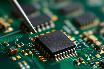 A close-up of a microchip on a circuit board, highlighting the intricate details and precision in electronic engineering.