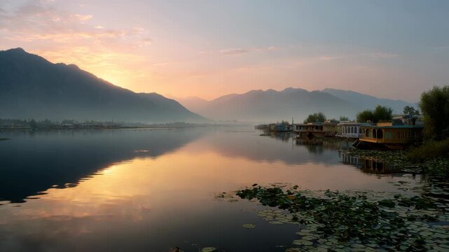Dal Lake serene sunrise with houseboats and reflections in Srinagar Kashmir