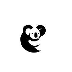 Cute, stylized black koala logo embracing an abstract shape. Represents nature, Australian wildlife, and cuddly affection, ideal for travel, children's, or eco brands.