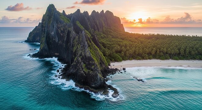 Discover paradise with dramatic cliffs, lush rainforest, and pristine beach at sunset, feel the tranquility of this tropical island getaway - Powered by Adobe