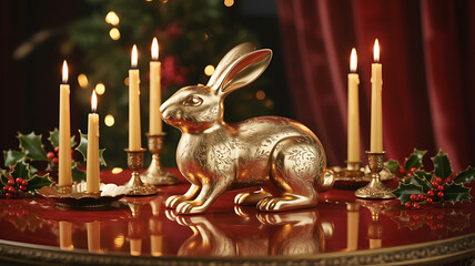 Golden Rabbit with Candles and Holly in Elegant Chinese New Year Celebration Setting