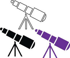 Three Telescope Icons In Outline Black And Purple astronomy ,  science, icon, symbol, observation