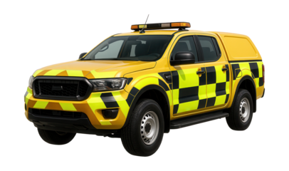 Utility vehicle with reflective strips and siren for enhanced visibility.