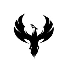 Majestic, black silhouette of a Phoenix rising with wide wings. Symbolizes rebirth, strength, and immortality, perfect for inspirational or competitive branding.