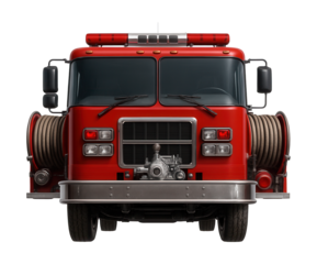 Robust fire truck featuring built-in water pump and hose reels.
