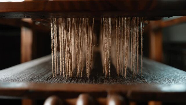Detailed view of an antique handloom weaving process with threads