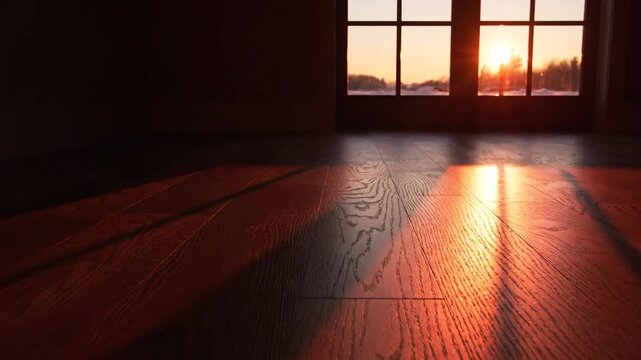 Sunlit wooden floor with moving window frame shadow at sunset