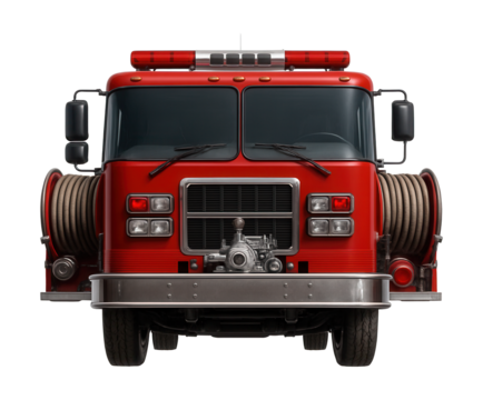 Robust fire truck featuring built-in water pump and hose reels.
