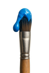 Artist paintbrush with wet blue paint isolated on transparent background