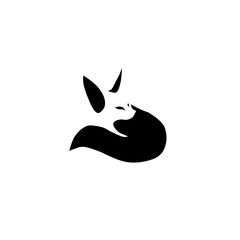 A minimalist silhouette of a curled fox with pointed ears and a flowing tail, creating a calm, elegant, and modern animal emblem perfect for branding or decoration.