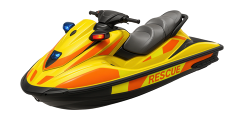 Rescue jet ski featuring emergency lights and high-visibility markings.