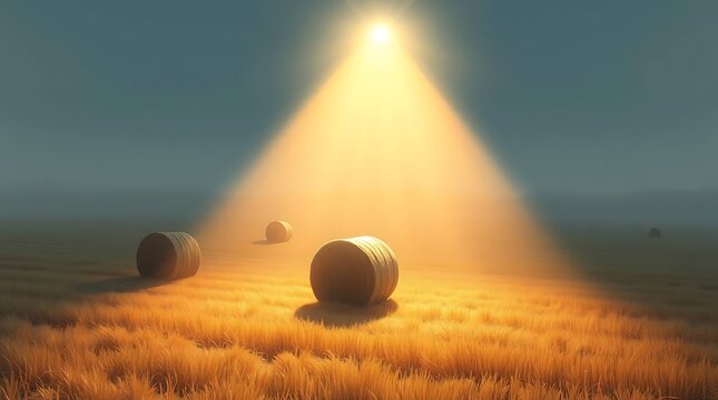 Hay bales lit by dramatic overhead light in a field agriculture concept