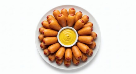 Overhead shot of mini corn dogs with mustard on white plate.