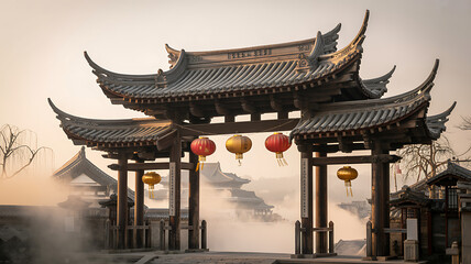 Traditional Chinese Gate with Lanterns in Misty Festive Ambience chainese new year