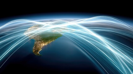 A digital representation of Earth, focusing on South America, with bright, flowing light trails symbolizing global data networks and connectivity.
