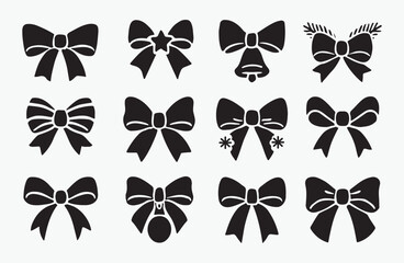 Collection of Christmas Bows Silhouettes with Festive Decoration Elements Vector Illustration
