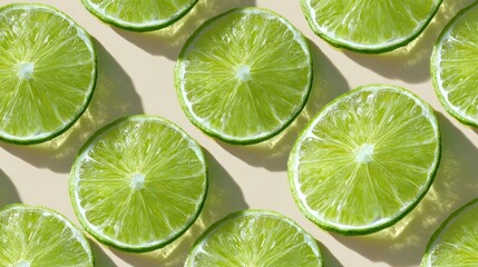 Sliced green citrus fruits arranged in a repeating pattern on a light-colored background