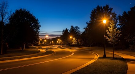 Warm glowing streetlights illuminate a winding suburban road at twilight, casting a soft glow across the reflective asphalt and creating a peaceful evening ambiance
