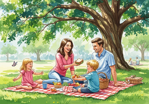 Family enjoys a picnic under a large tree in a sunny park with food blanket and cheerful interactions
