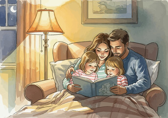 Family in bed parents reading to two young girls with a lamp illuminating them art in the background