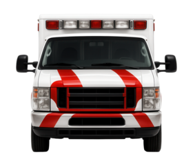 Boxy emergency vehicle featuring white and red stripes on the exterior.