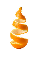 Spiral orange peel PNG with transparent background, clean citrus fruit curl cutout for design, food graphics, healthy ingredient concepts, and creative minimal artwork elements