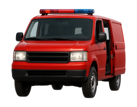 Compact emergency vehicle with square headlights and side sliding door.