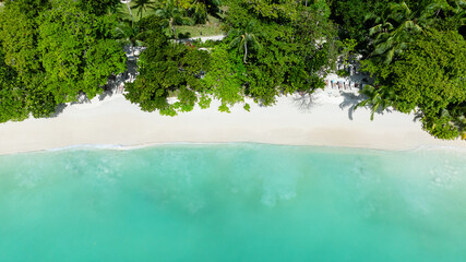 Overhead view of a pristine white sandy beach with turquoise water and lush greenery. Port Launay. Seychelles, Mahe.