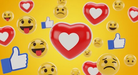 Social media emojis and reactions on a vibrant yellow background