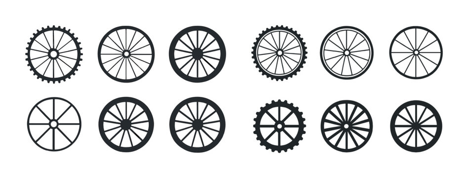 Set of bicycle wheel silhouettes with various spoke patterns