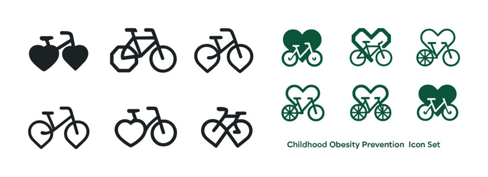 Childhood obesity prevention icon set with bicycle heart designs