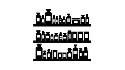 Fototapeta premium Vector illustration&nbsp;of silhouette of various pharmaceutical or cosmetic bottles and containers arranged neatly on three shelves isolated on transparent background