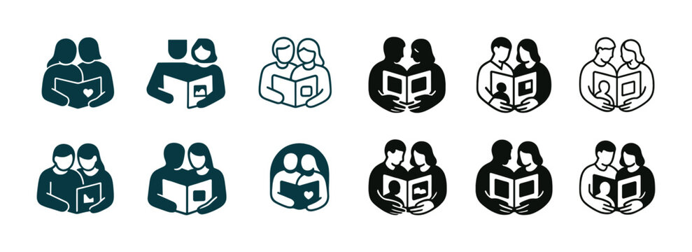Diverse couples reading together icons collection