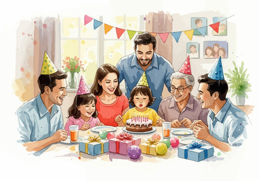 Watercolor family celebrating a birthday with gifts and cake at a table
