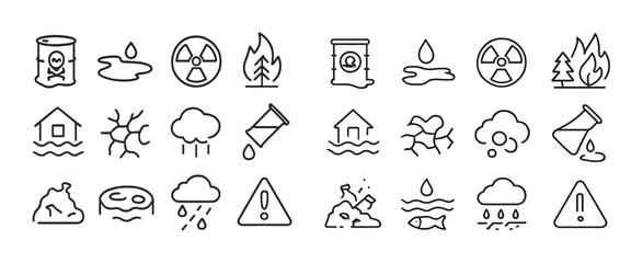 Environmental hazard icons: pollution, radiation, fire, flood, warning