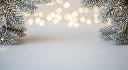 Frosted Evergreen Branches with Shimmering Warm Bokeh Lights Winter Holiday Background