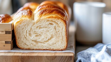 A close-up shot of a freshly baked, golden-brown braided challah bread loaf. The bread is sliced, revealing its soft, airy interior with a swirling pattern. It