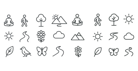 Naklejka premium Minimalist icons set featuring nature, meditation, and movement symbols