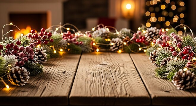 Rustic Wooden Table with Festive Holiday Garland and Warm Fairy Lights in a Cozy Home Setting