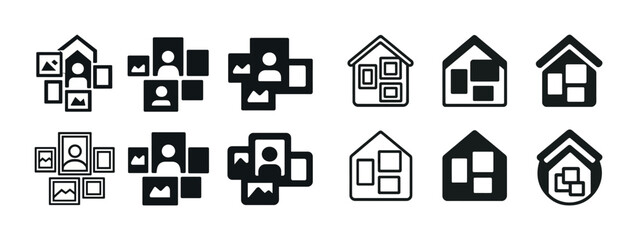 Set of digital photo gallery and home icons in black and white