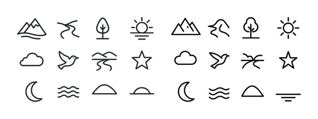 Fototapeta premium Minimalist nature icons set with mountains, sun, trees, and waves