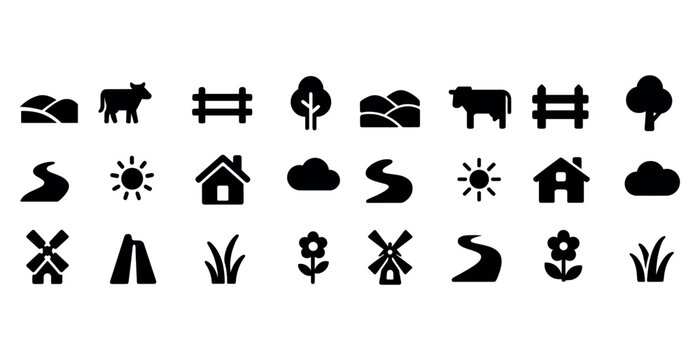 Simple black icons of nature and farm elements in minimalist design