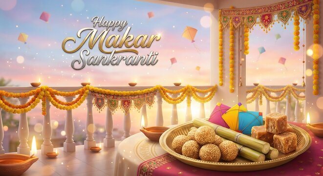 Happy makar sankranti festive celebration with sweets and decorations