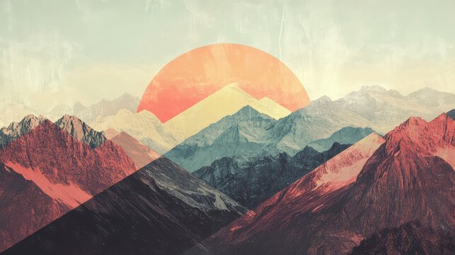 A mountain range with a sun in the sky