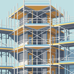 Fototapeta premium A vibrant illustration showcases a building under construction, enveloped in scaffolding, set against a clear blue sky, depicting architectural progress.
